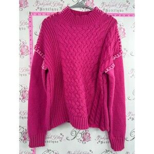 Love Riche sweater thick Cable Patchwork Turtleneck Sweater - Hot Pink